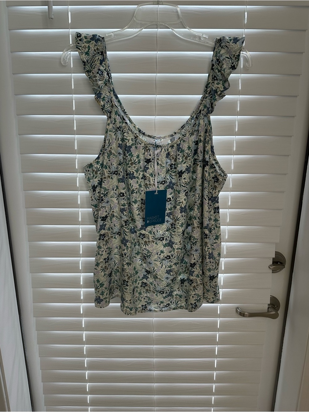 Market & Spruce Blue and White Floral Ruffle Strap Tank